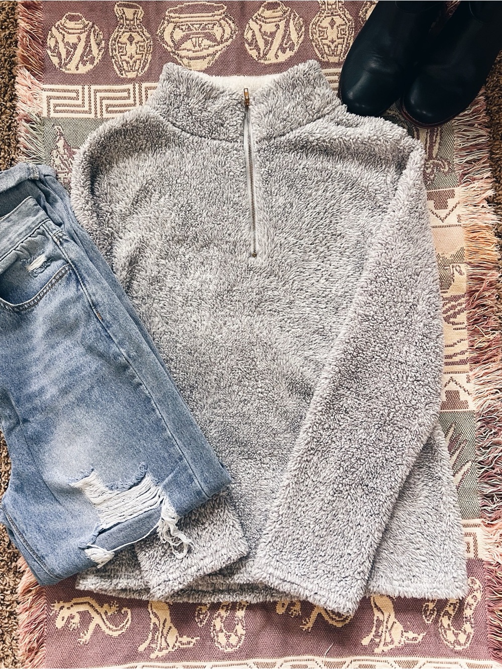 Cozy Light Gray Sherpa Half-Zip Pullover